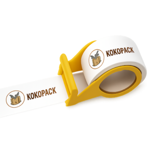Taśma pakowa z logo KOKOPACK w żółtym dyspenserze do pakowania