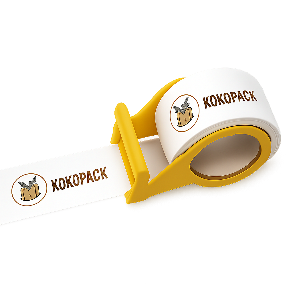 Taśma pakowa z logo KOKOPACK w żółtym dyspenserze do pakowania